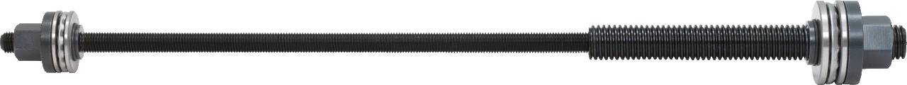 Lange schwarze Gewindestange mit Metallmuttern und einem Rändelgriff an den Enden, verwendet für mechanische Befestigungen.