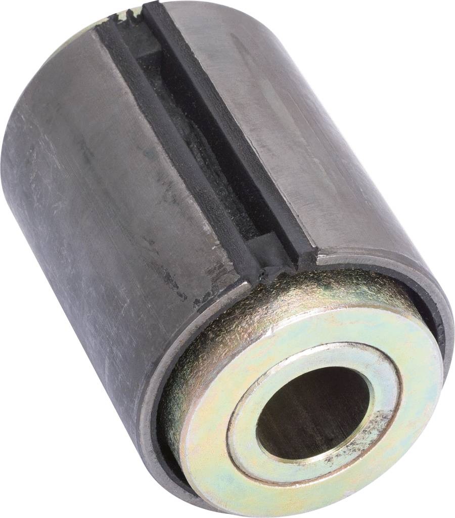 Metallischer Zylinder mit einer zentralen Bohrung und einer Nut entlang der Seite, wahrscheinlich ein Maschinenteil oder Lager.