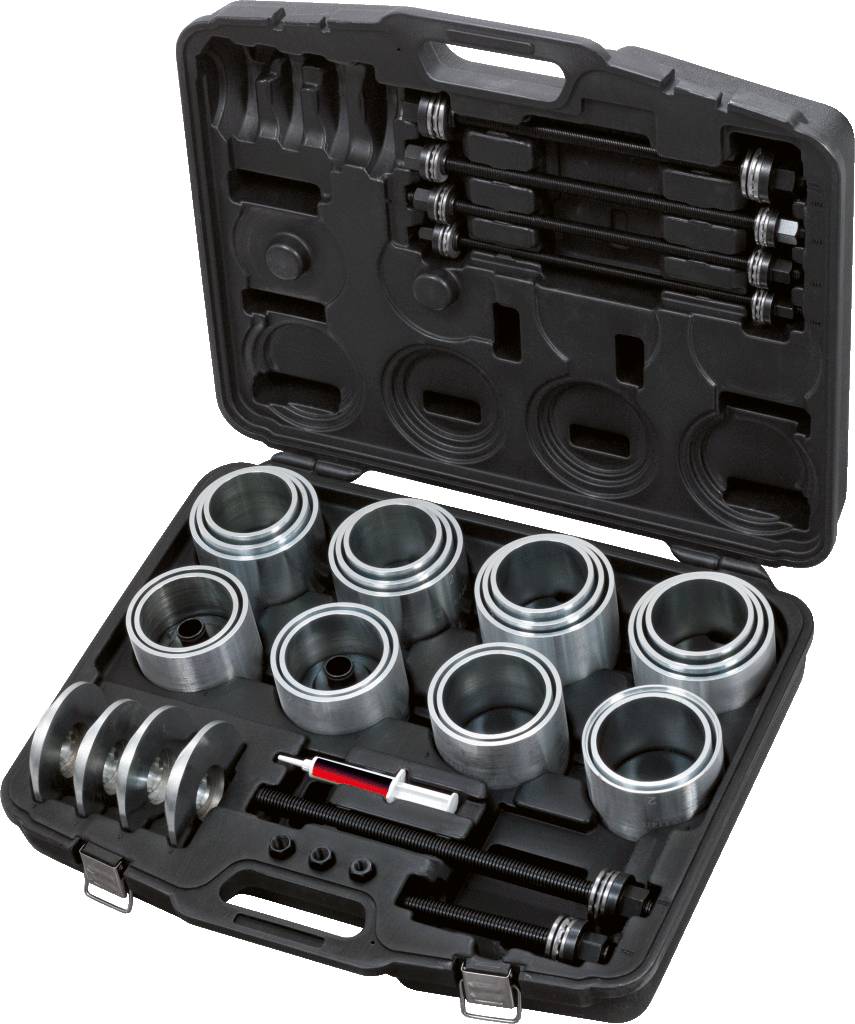 Ein offener Werkzeugkoffer mit verschiedenen Metallteilen, darunter zylindrische Einsätze, Stangen und ein handliches Werkzeug.