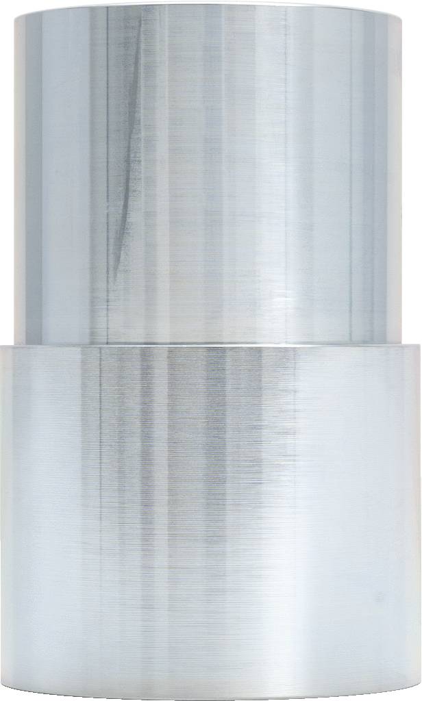 Ein silberner, zylindrischer Metallblock mit glatter Oberfläche und gedrehtem Aussehen.