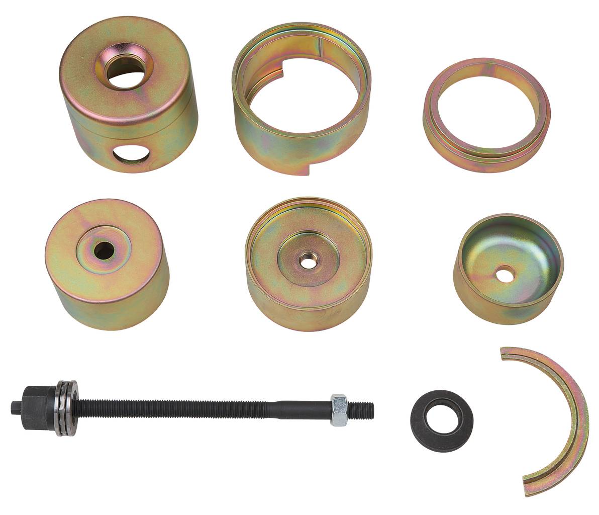 Autoreparaturwerkzeug-Set mit verschiedenen goldfarbenen Metallteilen und Schraubvorrichtung zur Fahrzeugwartung verwendet.