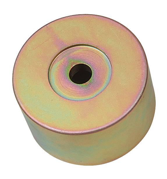 Zylinderförmiges Metallgewicht in schimmernden Farben mit zentralem Loch. Verwendet in mechanischen oder technischen Anwendungen.