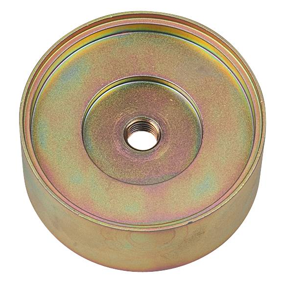 Metallischer Deckel mit kreisförmigem Muster und zentraler Öffnung. Schimmernde Farben variieren je nach Lichteinfall.