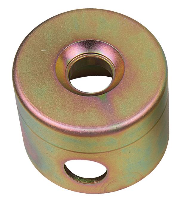 Ein metallisches, zylinderförmiges Objekt mit einem Loch oben und an der Seite; schimmert in Regenbogenfarben.