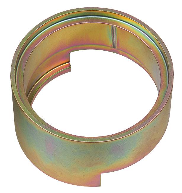 Metallring mit schillernder, regenbogenartiger Oberfläche, geöffnet an einer Stelle. Könnte Teil einer mechanischen oder industriellen Anwendung sein.