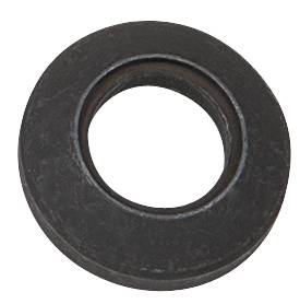Eine große schwarze Unterlegscheibe aus Metall mit einem runden Loch in der Mitte, verwendet zur Sicherung von Schrauben und Muttern.