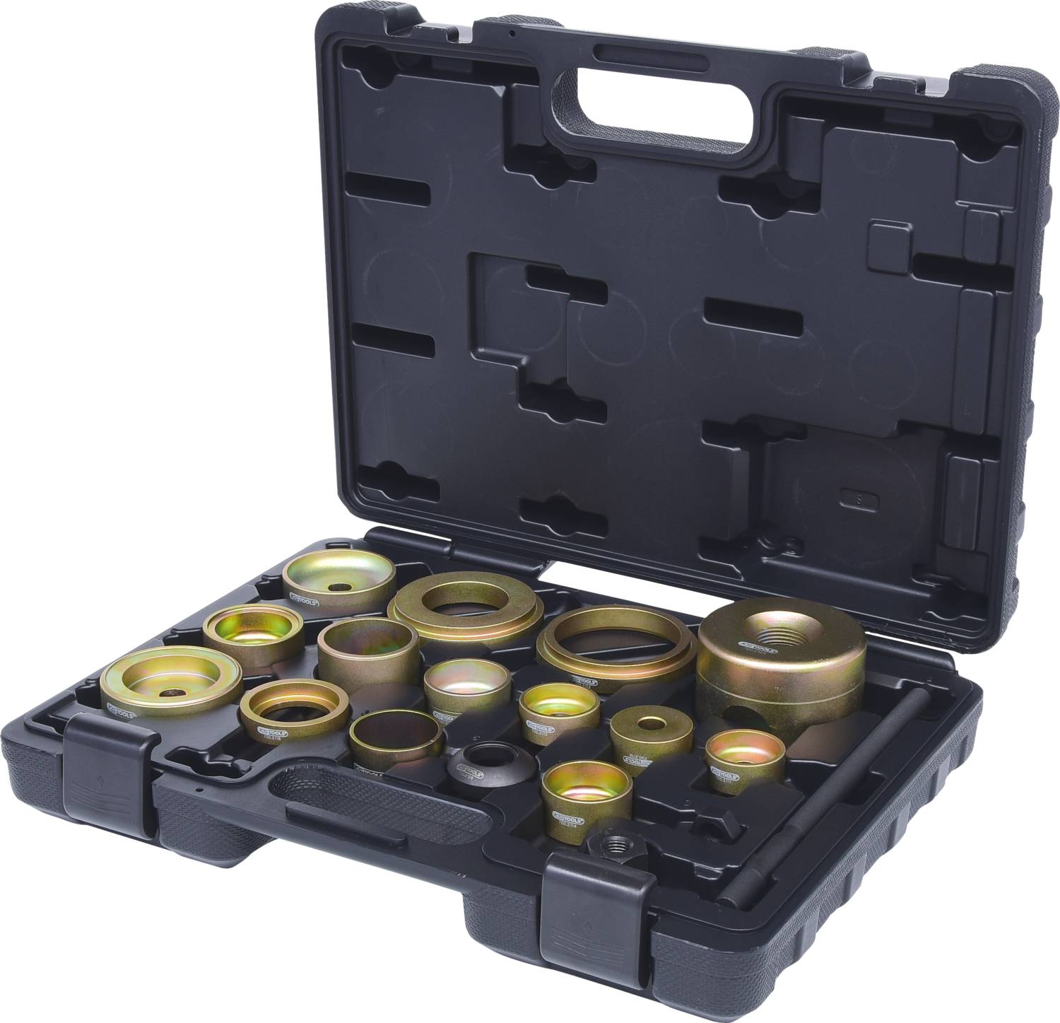 Ein offener schwarzer Werkzeugkoffer mit verschiedenen Metallringen und Aufsätzen, die für mechanische Arbeiten verwendet werden.