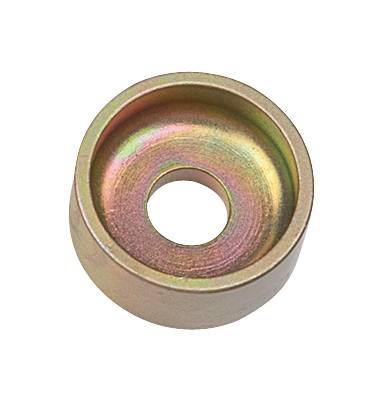 Ein kleines, rundes Metallstück mit einer kreisförmigen Vertiefung und einem Loch in der Mitte, zeigt einen regenbogenartigen Schimmer.