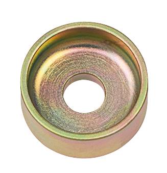 Metallteil mit kreisförmiger Form und Loch in der Mitte, in schimmernden Gelb- und Grüntönen.