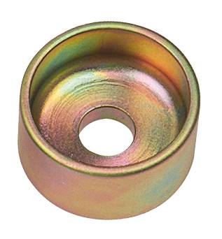 Metallischer Zylinder mit Regenbogenschimmer und Loch in der Mitte, möglicherweise eine Unterlegscheibe oder Dichtung.