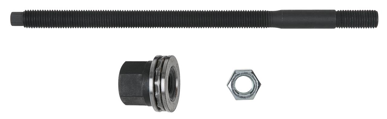 Ein schwarzer Gewindestab oben, eine schwarze Mutter links unten und eine silberne Sechskantmutter rechts unten auf weißem Hintergrund.