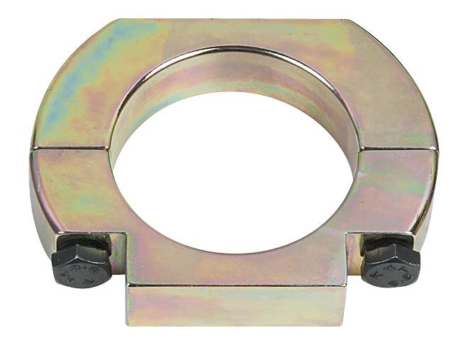 Eine halbkreisförmige Metallklemme mit Schrauben an beiden Enden, verwendet zur Befestigung oder Stabilisierung von rohrförmigen Objekten.