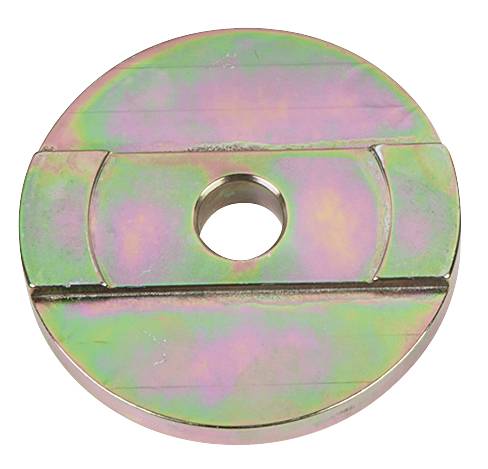 Metallscheibe mit kreisförmiger Form und zentrischem Loch, von einem schimmernden Regenbogeneffekt bedeckt.