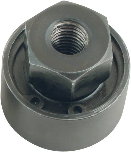 Eine große, sechseckige Metallmutter mit Innengewinde, wahrscheinlich ein Teil eines Maschinenbauteils.