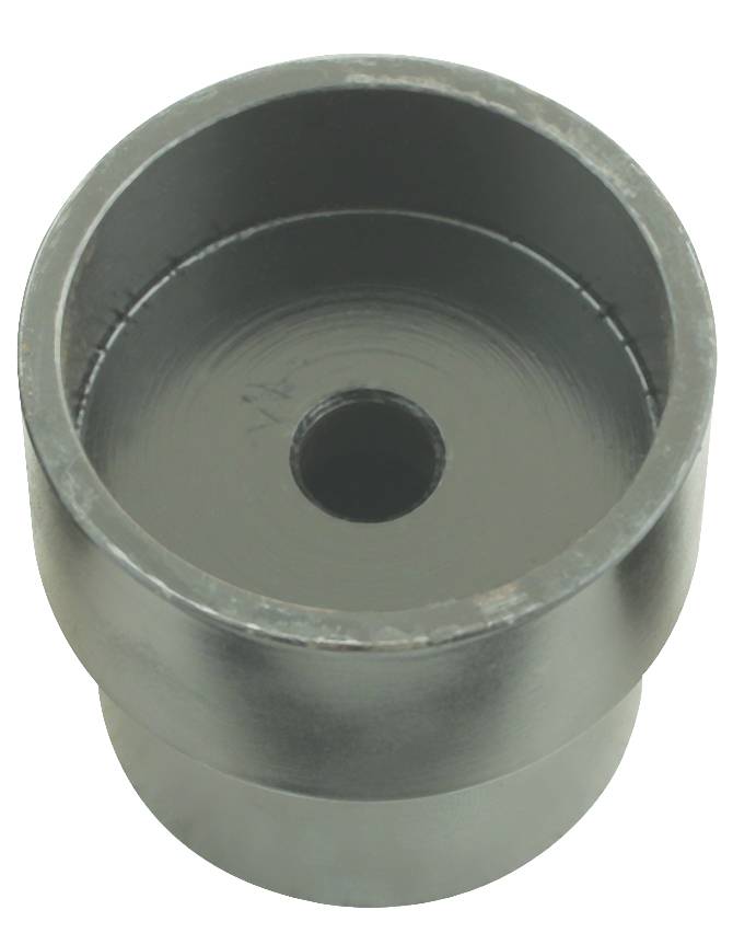 Graues zylindrisches Metallteil mit einem zentralen Loch, ähnlich einer Buchse oder Dichtung, auf neutralem Hintergrund.