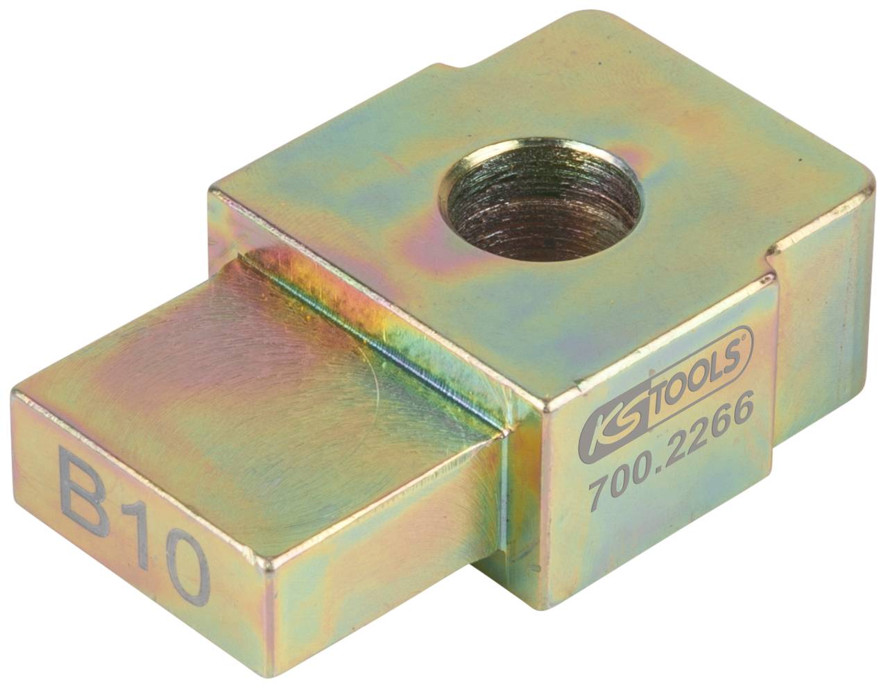 Ein rechteckiges Metallstück mit einem großen zentralen Loch und der Aufschrift 'B10' und 'KS TOOLS 700.2266'.