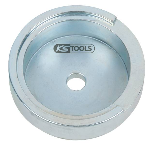 Silberner Metallschlüssel mit runder Öffnung in der Mitte und kleiner Aussparung am Rand, markiert mit 'KS Tools'.
