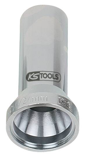 Silberne, zylindrische Stecknuss mit KS Tools-Logo, geeignet für Schraubarbeiten. Markiert mit '24 mm'.