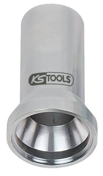 Ein metallener Werkzeugaufsatz mit glatter Oberfläche, zylindrischer Form und erweiterter Öffnung. Markierung 'KS TOOLS' sichtbar.