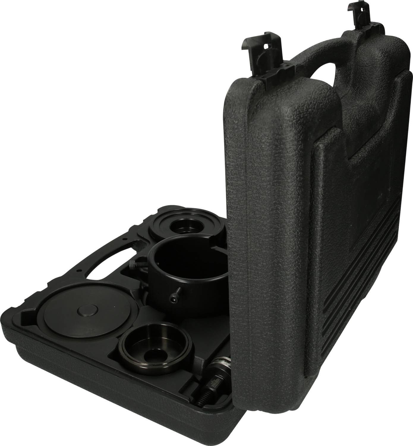 Schwarzer Hartschalenkoffer, geöffnet, zeigt verschiedene Werkzeugeinsätze und Zubehörteile.