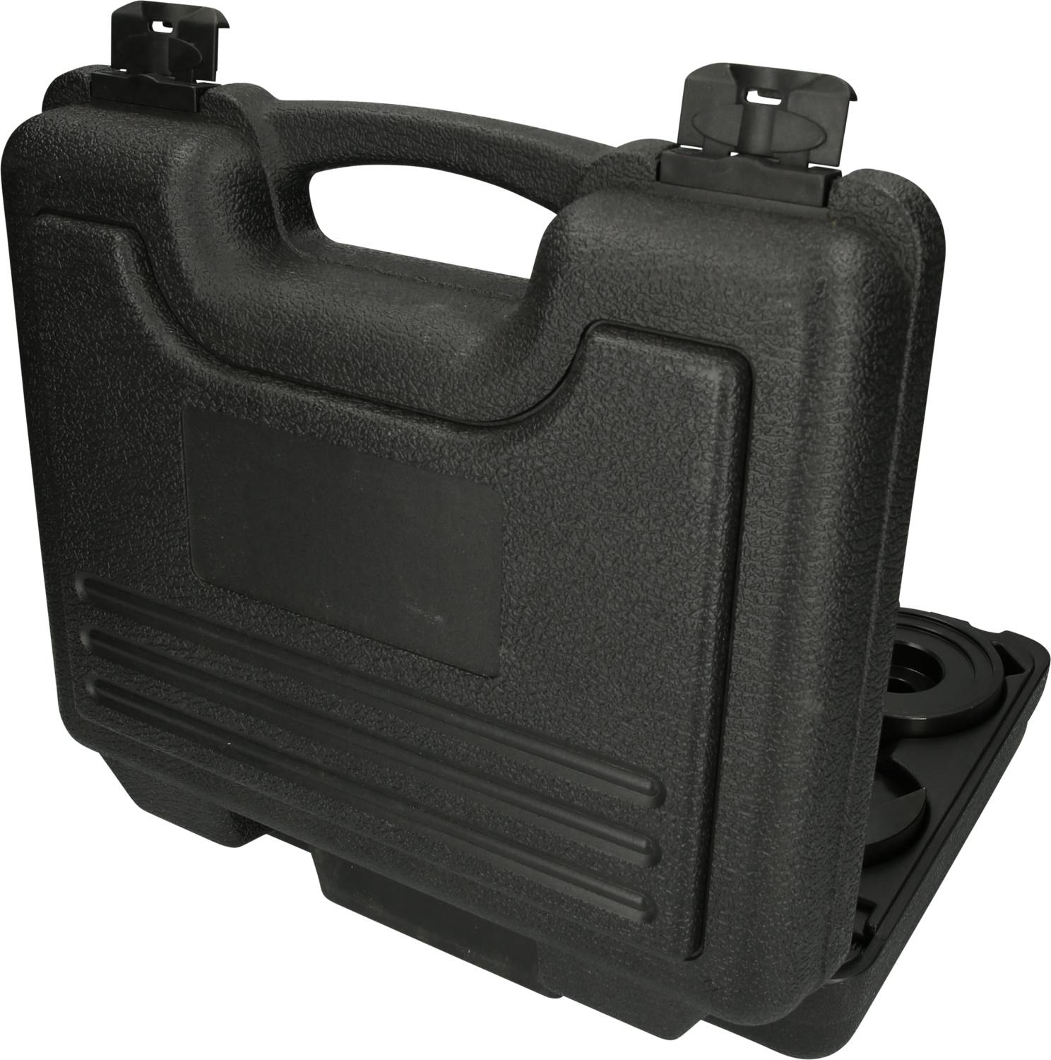 Schwarzer Kunststoffkoffer mit Tragegriff und Schnallen, teilweise geöffnet, ohne erkennbare Beschriftung.