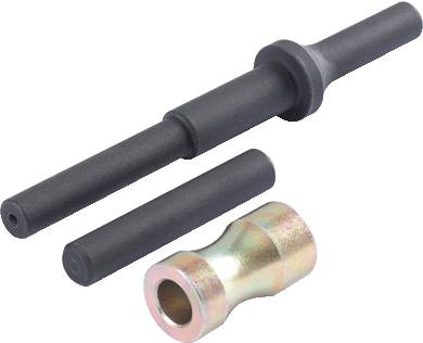 Drei Werkzeugkomponenten: zwei schwarze, zylindrische Metallstifte und eine goldfarben beschichtete Muffe mit Schaft.