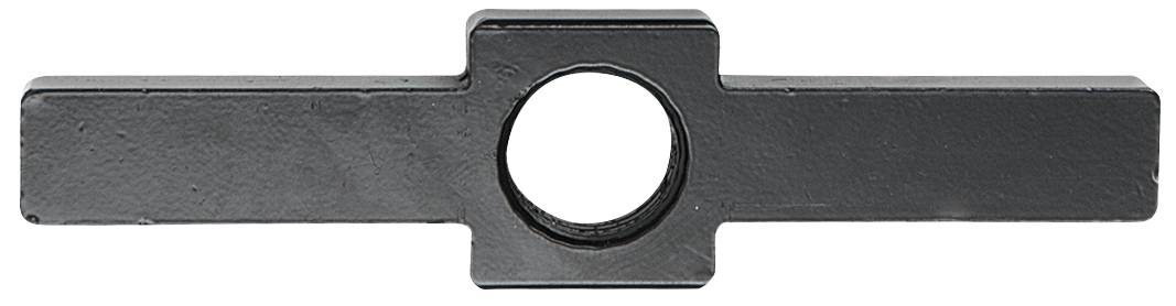 Ein schwarzes Metallteil mit einem runden Loch in der Mitte und zwei rechteckigen horizontalen Verlängerungen.