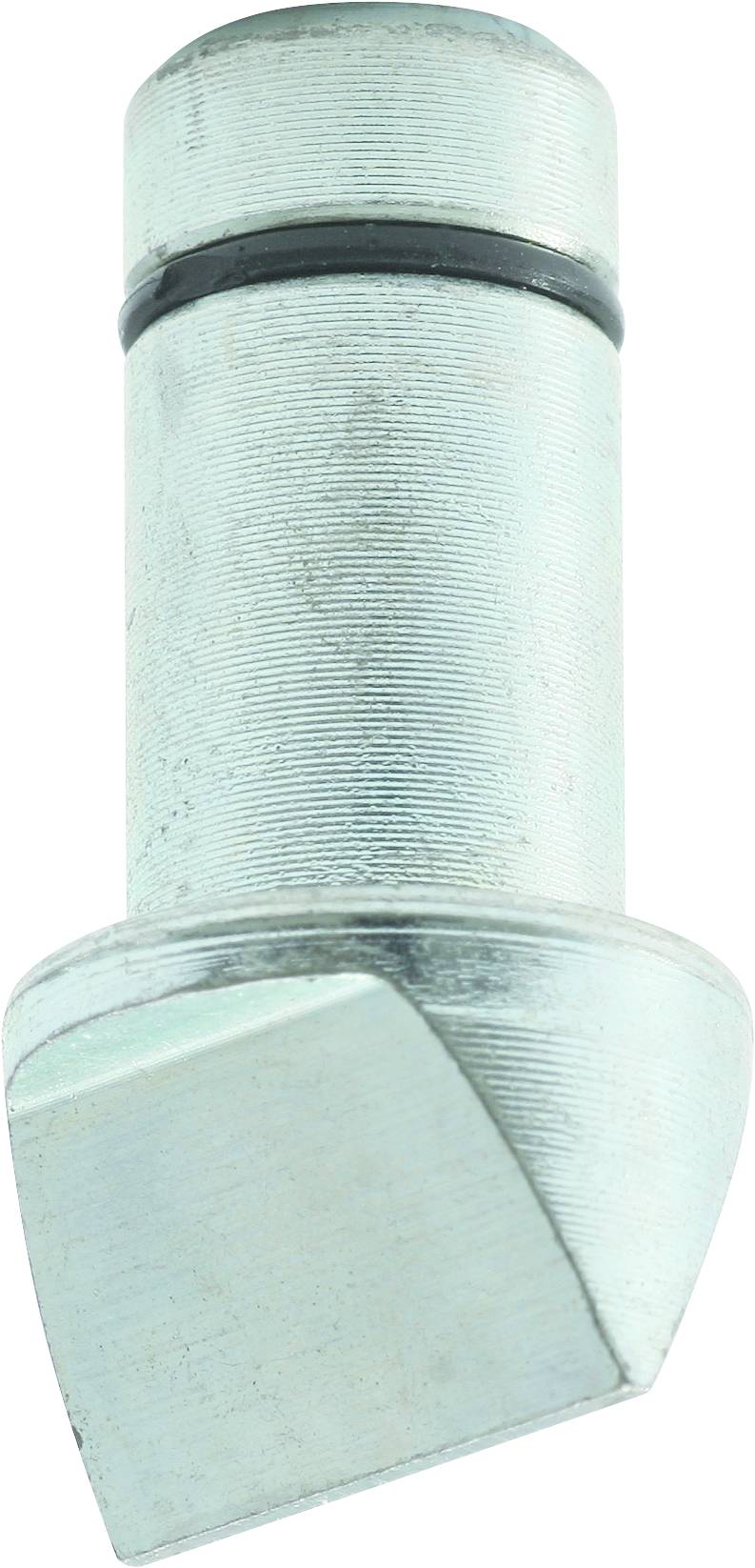 Metallischer Bolzen mit zylindrischem Körper, einem schmalen Ring nahe der Oberkante und einem abgeschrägten unteren Ende.
