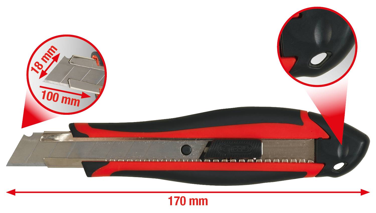 Schwarz-rotes Cuttermesser mit 18 mm Klinge, 170 mm lang. Detailansicht zeigt scharfe Klinge. Geeignet für präzise Schneidarbeiten.