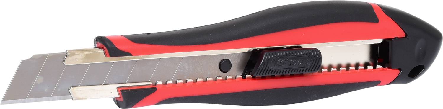 Ein rotes und schwarzes Cuttermesser mit einziehbarer Klinge, geeignet für präzise Schneidearbeiten.
