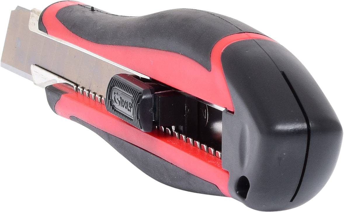 Ein rot-schwarzer Teppichmesser mit Klinge.