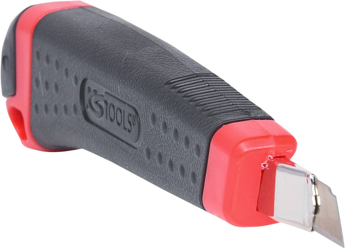 Ein schwarzer Griff mit roten Akzenten eines Schneidwerkzeugs, die Klinge ragt aus der Vorderseite des Griffs heraus.