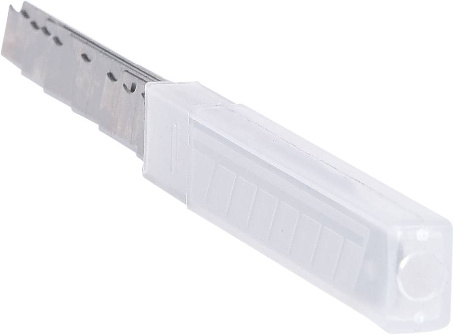 Ein Kunststoffbehälter mit mehreren Metallklingen zum Schneiden oder Handwerken, der die Klingen sicher aufbewahrt.