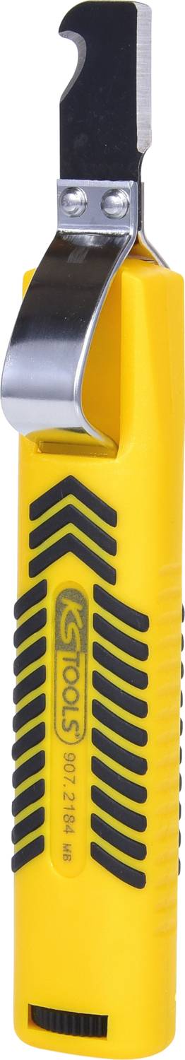 Gelber Entmanteler für Kabel mit schwarzem Griff und Metallhaken zum präzisen Schneiden und Abisolieren.