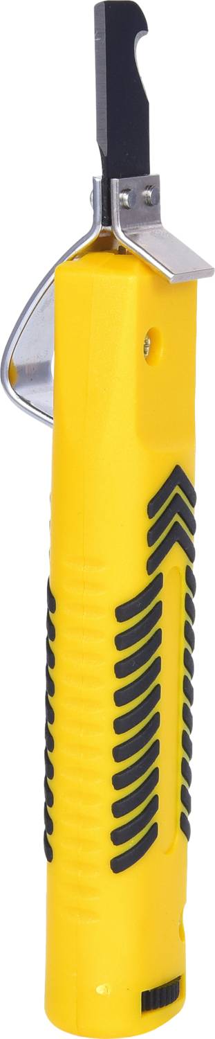 Gelbes Sicherheitsmesser mit schwarzem Griff und sichtbarer Klinge zur Verwendung bei Verpackungsarbeiten oder Schneidearbeiten.