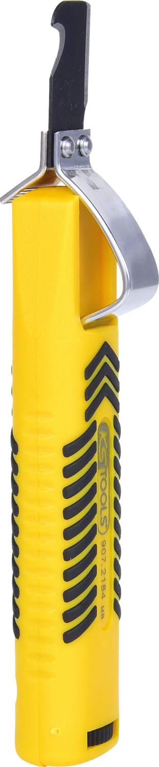 Gelber Handgriff-Werkzeug mit schwarzem Gummigriff und Metallhaken oben, geeignet für Handwerkerarbeiten oder industrielle Anwendungen.