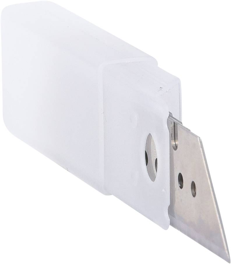 Ein rechteckiges Metallklingenmesser mit Kunststoffschutzkappe, teils transparent, sicher für Lagerung oder Transport.