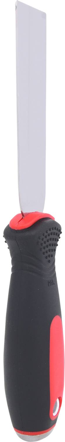 Ein Messer mit einem schwarzen und roten Griff, das aufrecht steht.