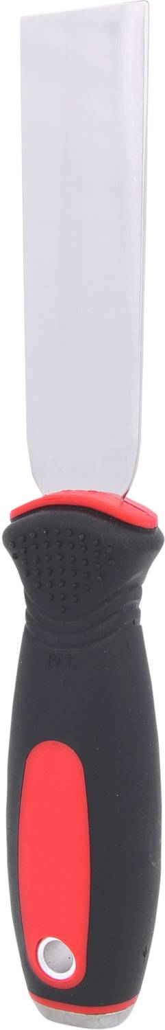 Ein Spachtel mit breitem Metallblatt und ergonomischem Griff in Schwarz und Rot, geeignet für Maler- oder Bauarbeiten.