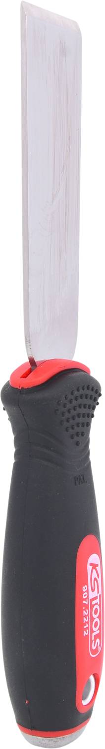 Ein rotes und schwarzes Werkzeug mit einem langen, flachen Metallblatt und gummiertem Griff.