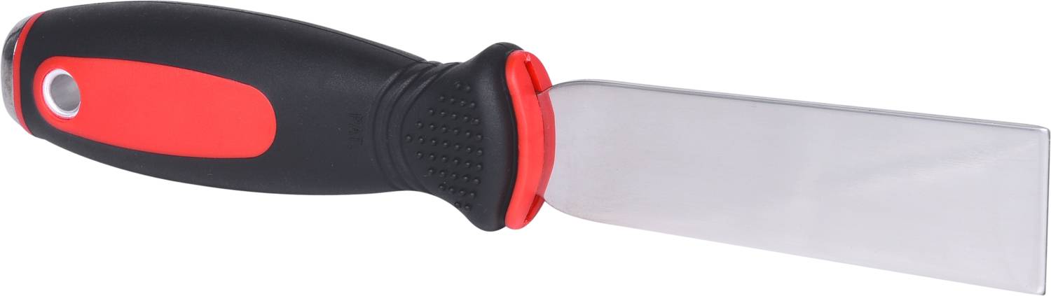 Handwerkzeug mit rotem und schwarzem Griff und breitem, kurzem Metallklinge.