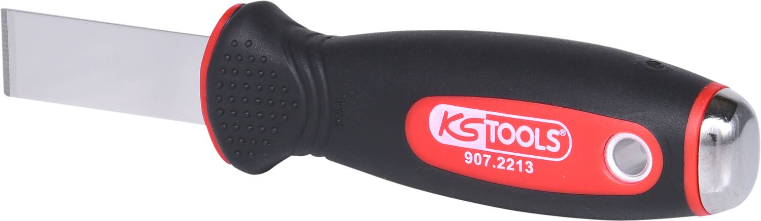 Schwarzer und roter Handgriff mit Klinge, markiert mit 'KS TOOLS 907.2213'.