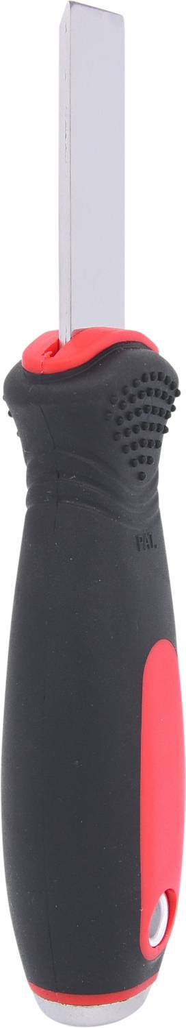 Ein Schraubendreher mit schwarzem Griff und rotem Akzent liegt vertikal. Der Griff hat eine ergonomische Form mit rutschfestem Profil.