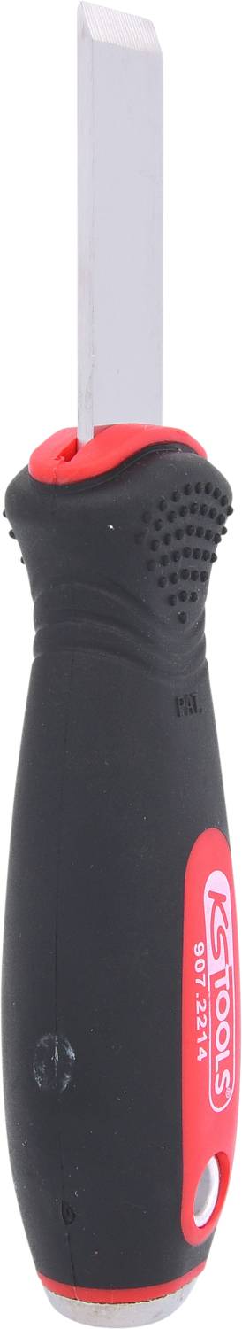 Schwarzer Schraubendreher mit rotem Griff und silberner flacher Klinge.