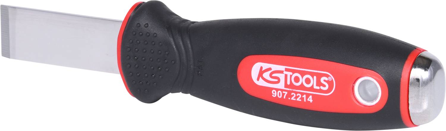 Ein Stemmeisen mit einem ergonomischen Griff und einer Klinge aus Metall. Der Griff ist schwarz und rot mit der Aufschrift 'KSTOOLS 907.2214'.