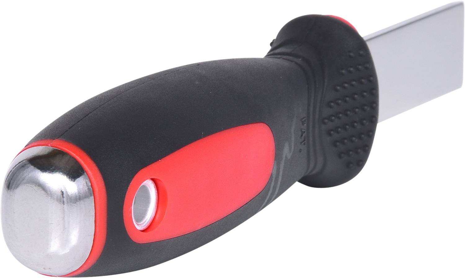 Ein schwarzer und roter Kunststoffgriff-Schraubendreher liegt auf der Seite; silberne Metallspitze sichtbar. Kein weiterer Kontext.