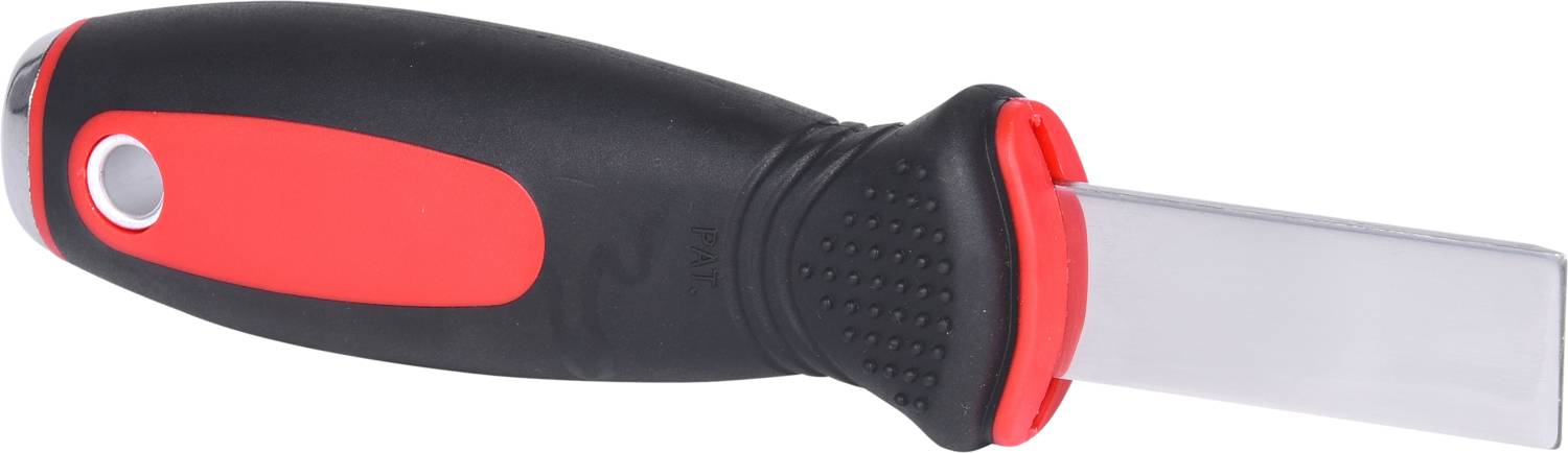 Ein schwarzer und roter Handgriff mit silberner, flacher Metallklinge. Möglicherweise ein Werkzeug für Schabarbeiten.