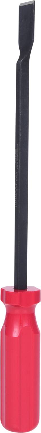 Ein rotes Schraubendreher-Werkzeug mit einem flachen, schwarzen Kopf. Hauptsächlich für das Lösen oder Festziehen von Schrauben.