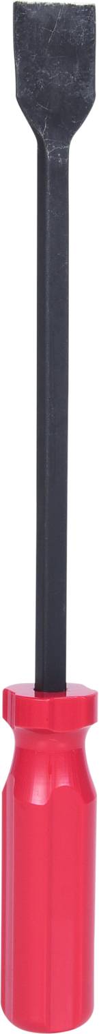 Ein Schraubendreher mit einem roten Griff und einer flachen schwarzen Klinge.