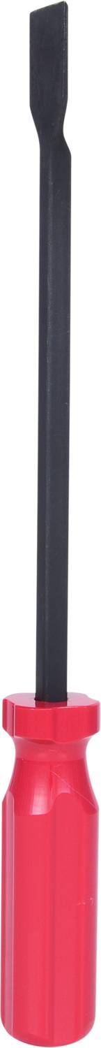 Ein roter Schraubendreher mit einem flachen, schwarzen Schaft.